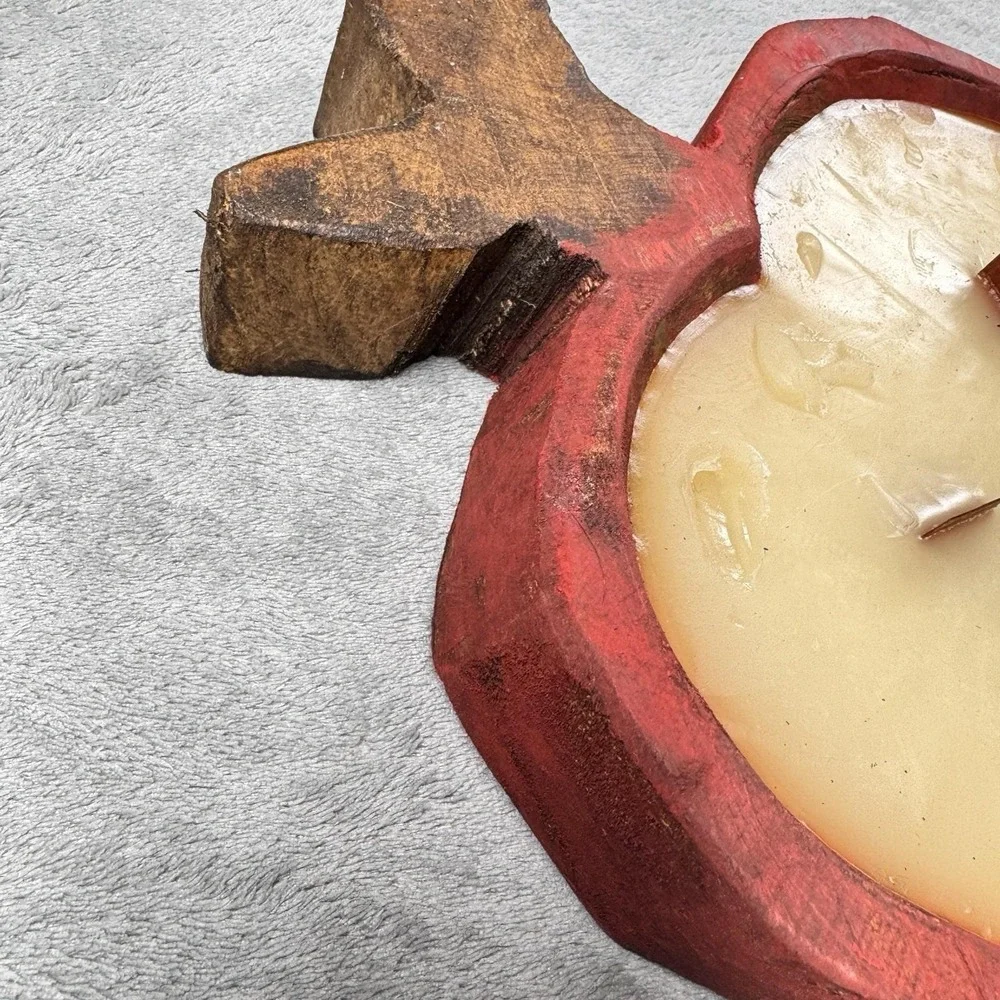 Apple Shaped Wood Bowl Candle 5 Wick Red Rustic‎ Farmhouse Fall Decor